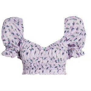 For Love & Lemons Lola Pointelle Crop Top Floral Puff Sleeve Size Medium